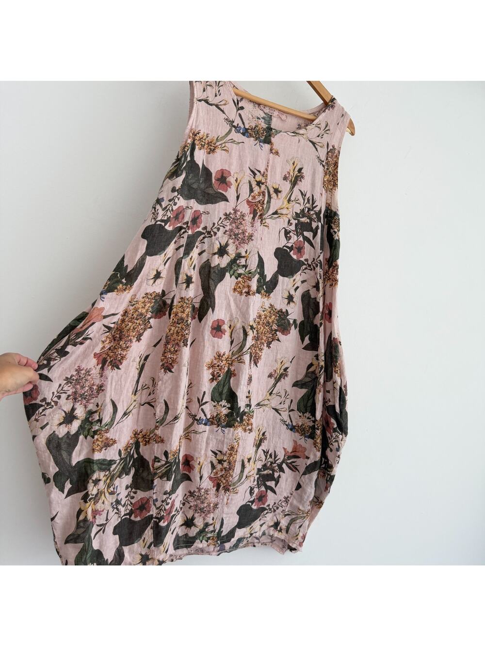 100% Linen Balloon Dress One Size Floral Botanical Lagenlook Boho Artsy Pockets